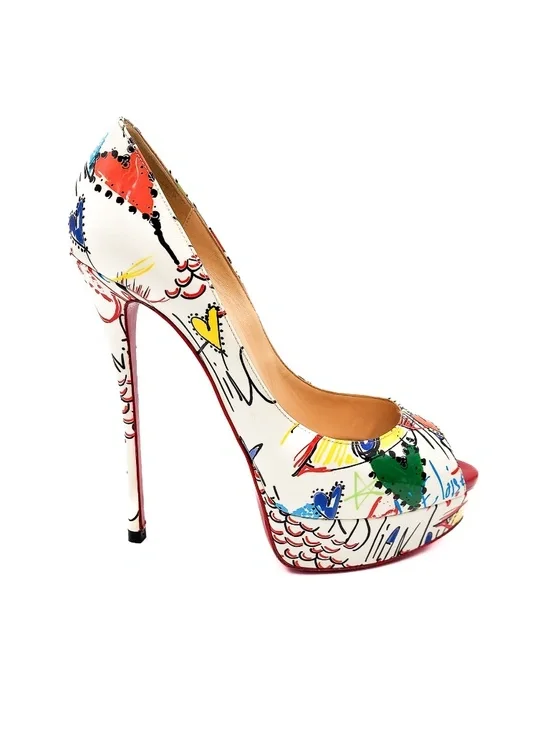 Christian Louboutin Fetish Peep 150 Graffiti Patent Leather Platform Pumps EU 38 - Picture 1 of 9